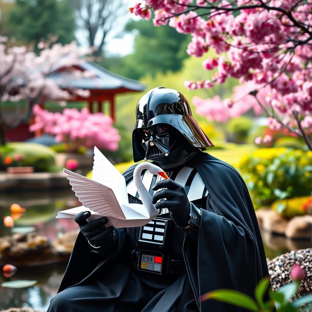 Darth Vader's Serene Origami Swan in a Japanese Garden