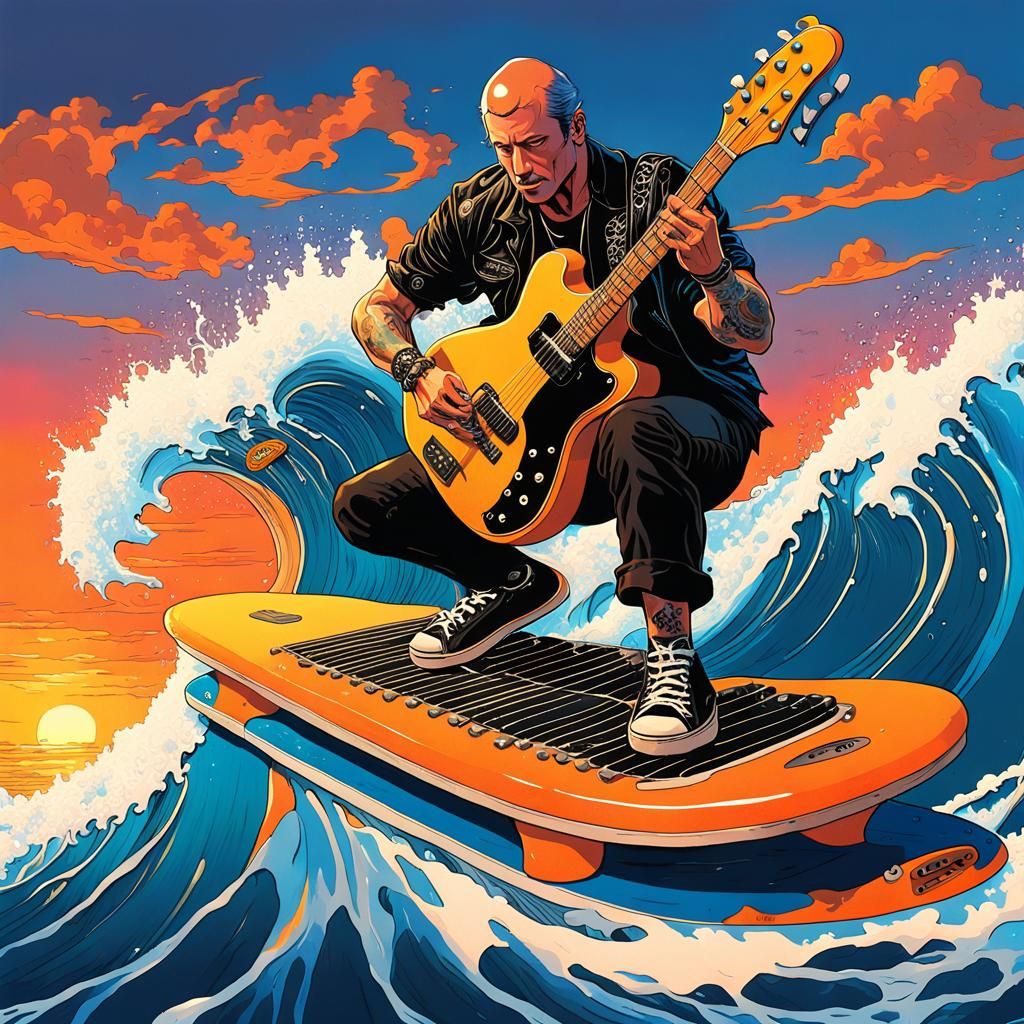 Cyberpunk Surf Guitar in Vibrant Waves