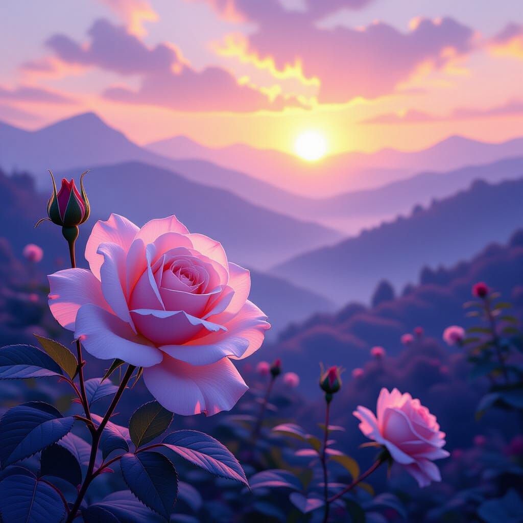 Morning Dew on Pink Roses with Misty Purple Mountains
