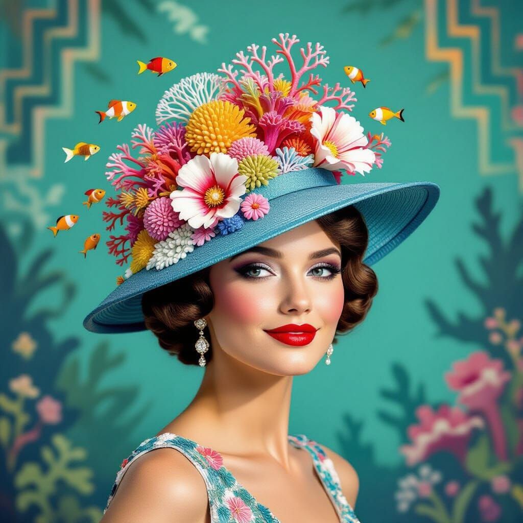 Coral Reef Fascinator Hat on Roaring Twenties Flapper