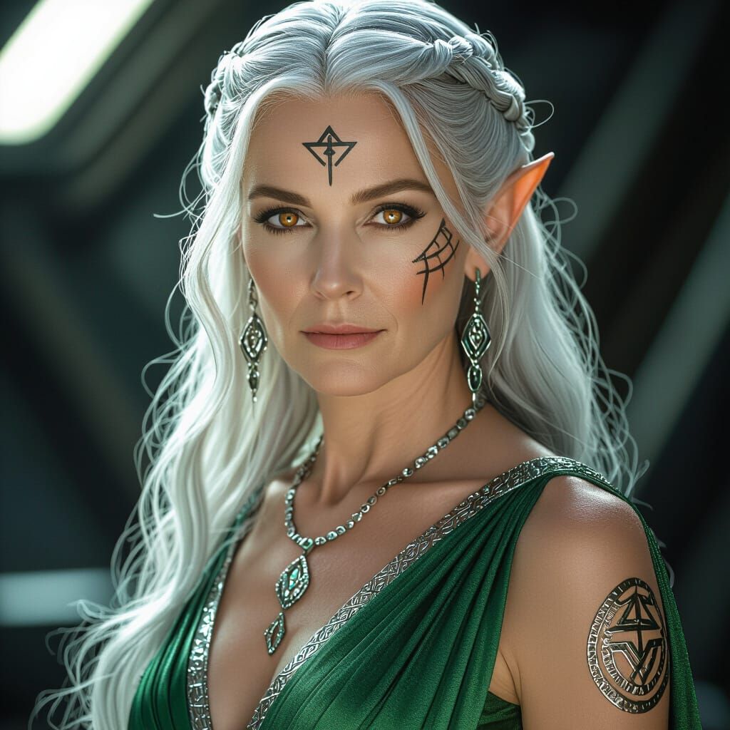 Mysterious Woman with Silver Hair and Ancient Markings