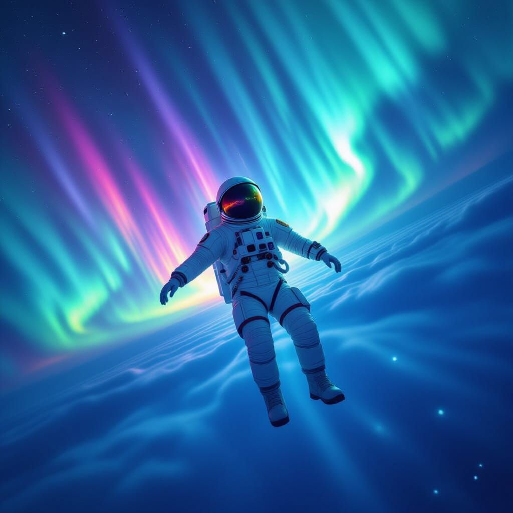 Astronaut in Aurora Citadel Space, Ethereal Digital Art