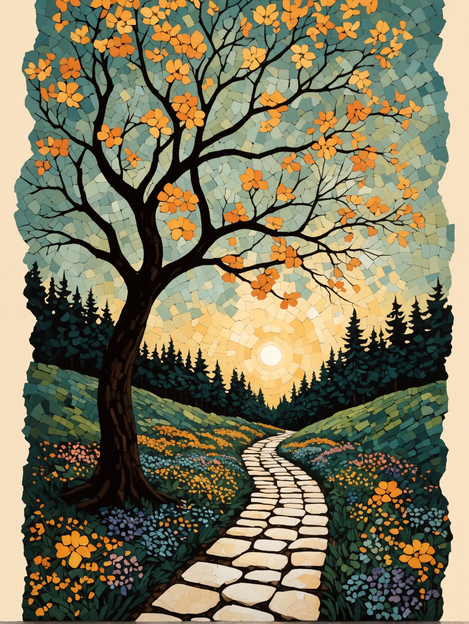 Forest Path Under Ancient Tree: Neo-Impressionist Oil Painti...