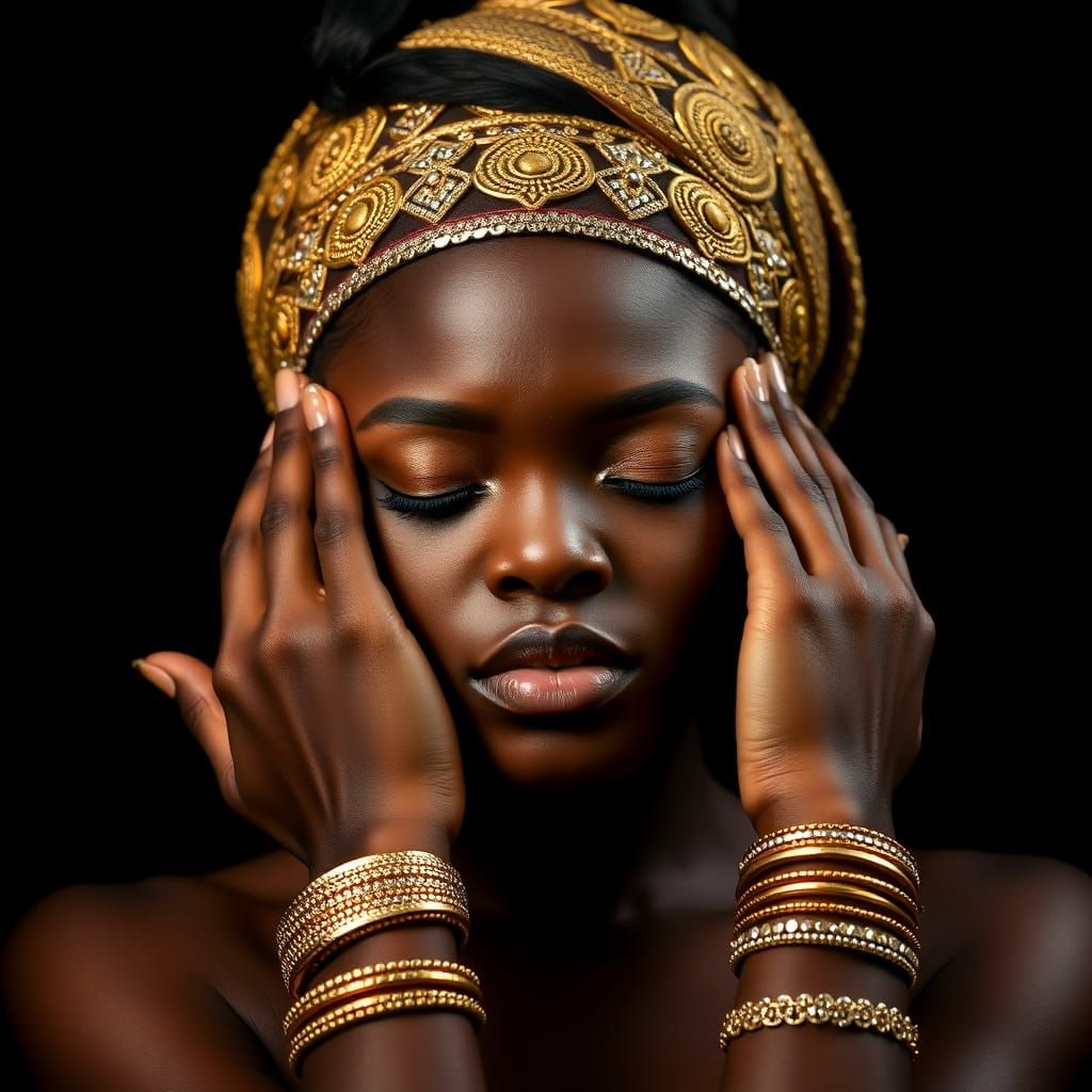 African-American Woman with Gold Headpiece, Rhinestone Aesth...