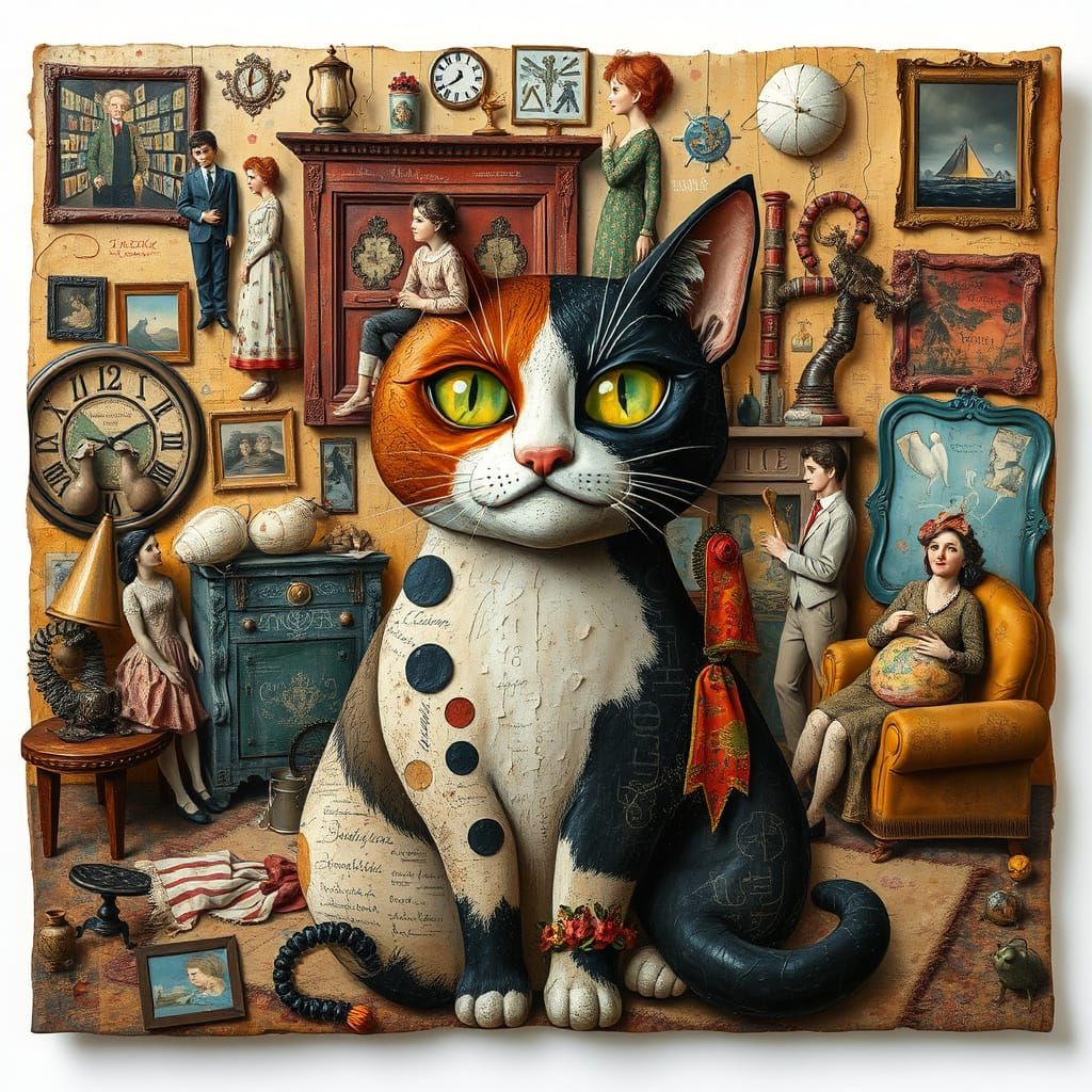 Cat in Chaotic Mixed-Media Assemblage