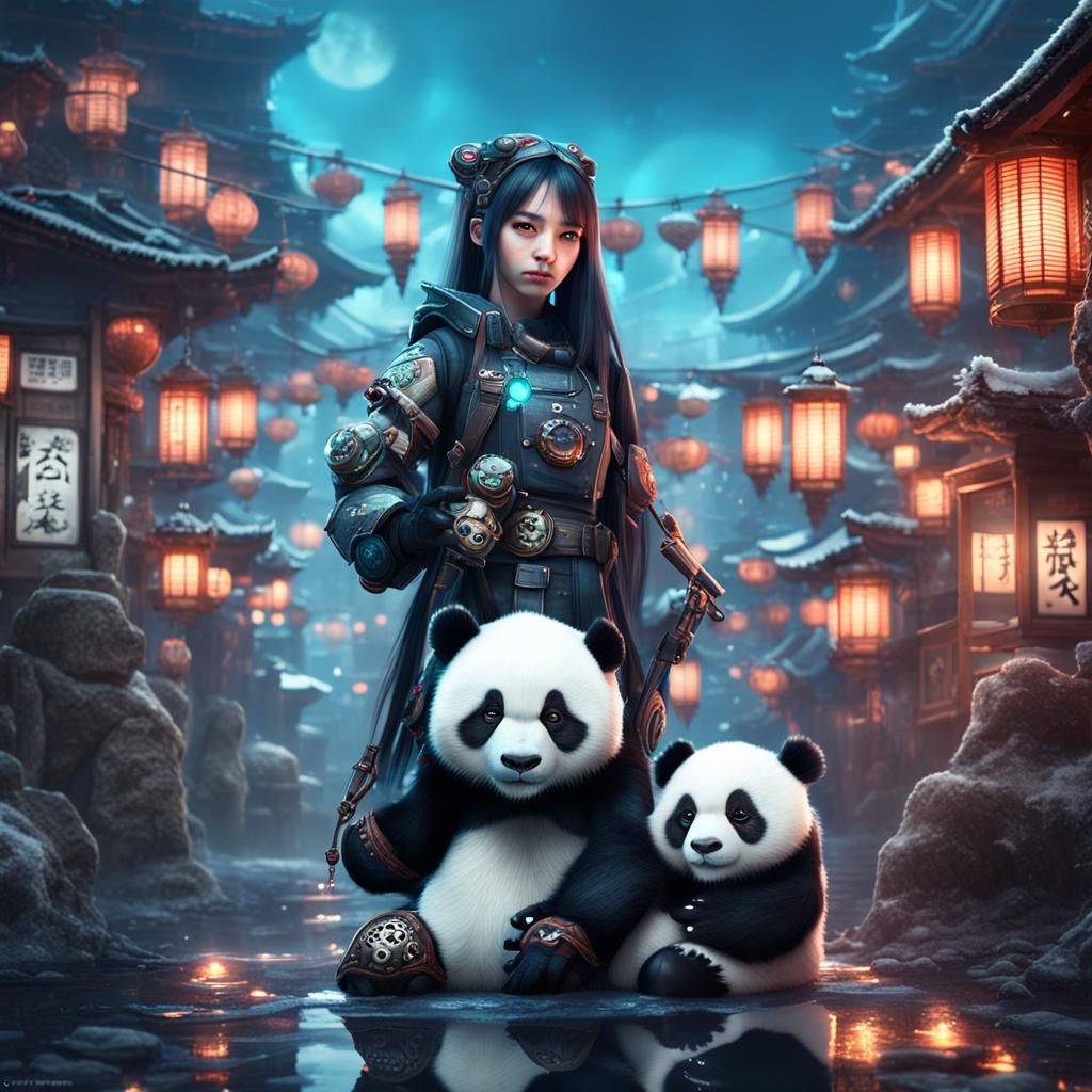 Futuristic Gamer Girl with Panda Doll