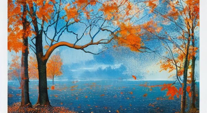 Autumn Leaves Fall: Blue Ink Illustration