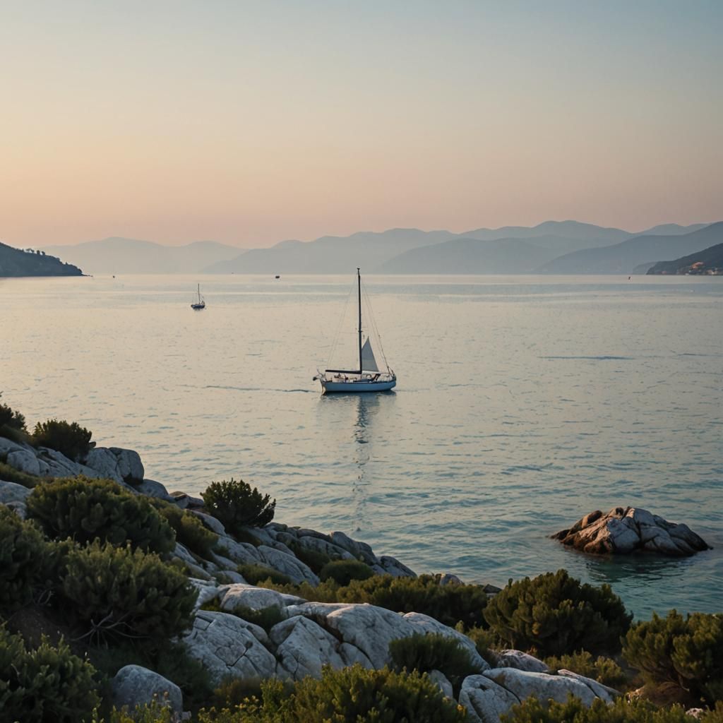 Adriatic Sea Sailboat at Anchor: Morning Light Painting