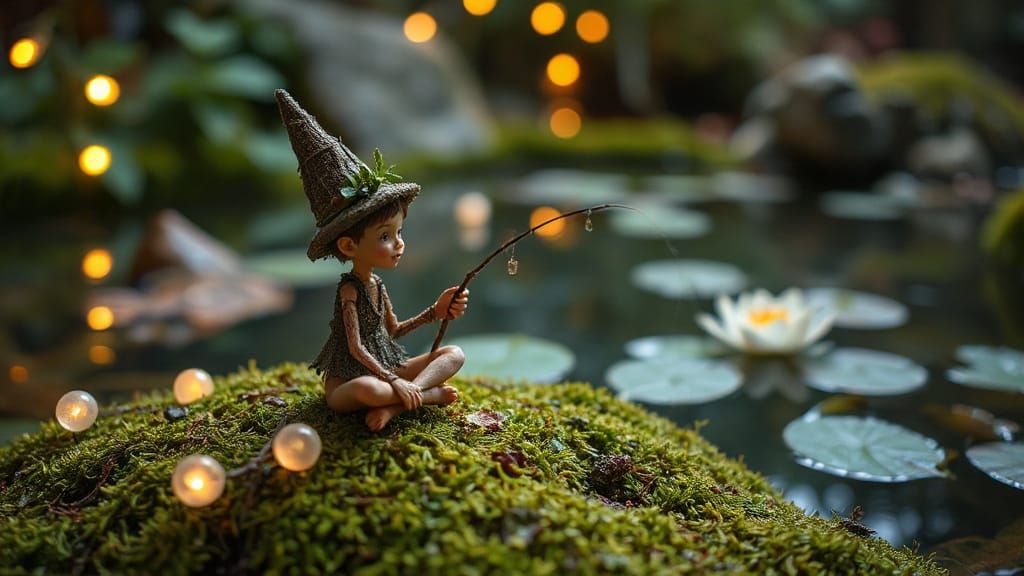 Delicate Pixie Sits on Glowing Moss, Fishing by a Serene Pon...