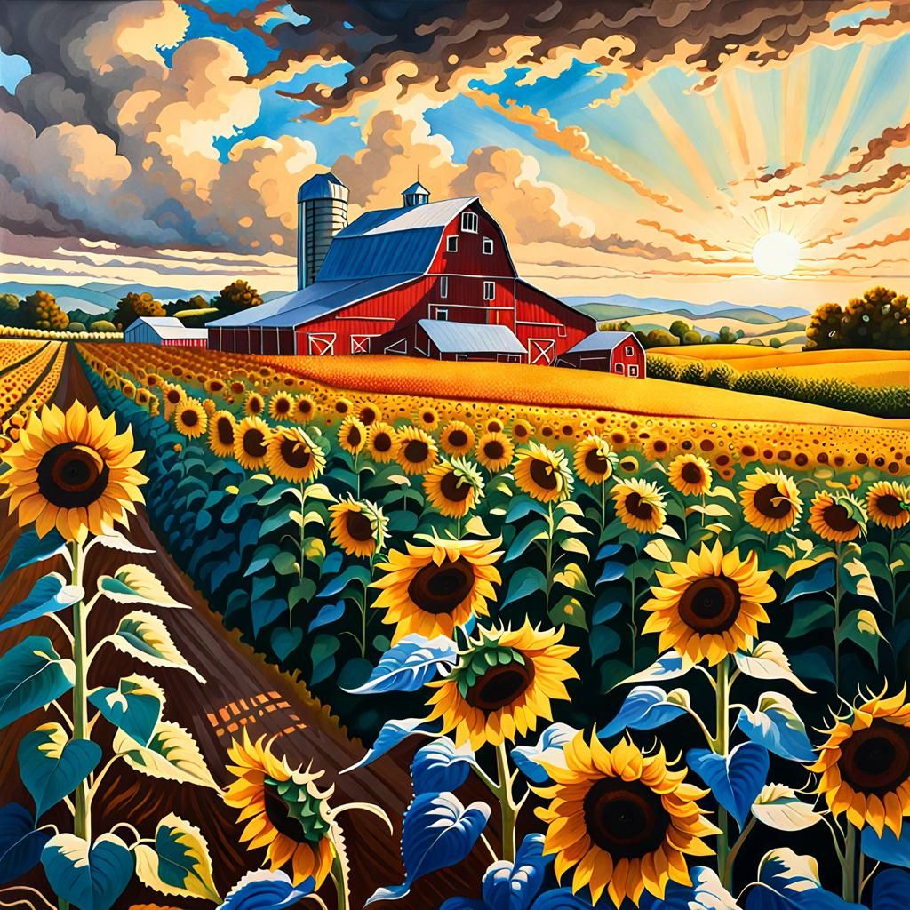 Photorealistic Sunflower Fields at Sunset, Hyperrealistic St...