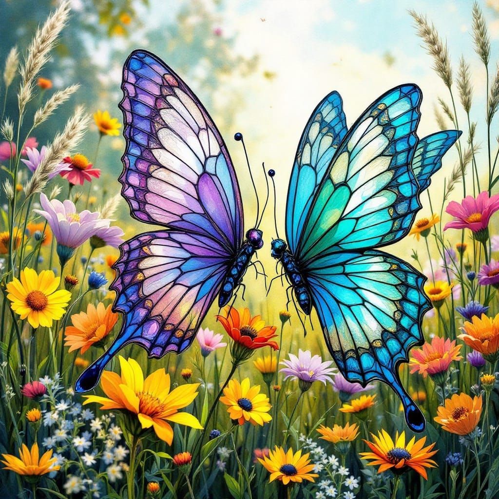 Stained Glass Butterflies Dance in a Vibrant Floral Field