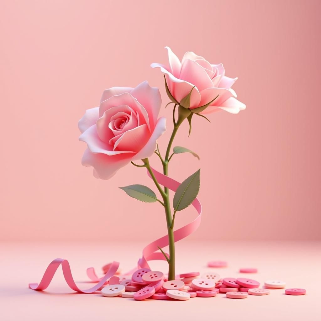 Pink Roses with Ribbons and Buttons, Fantasy Art