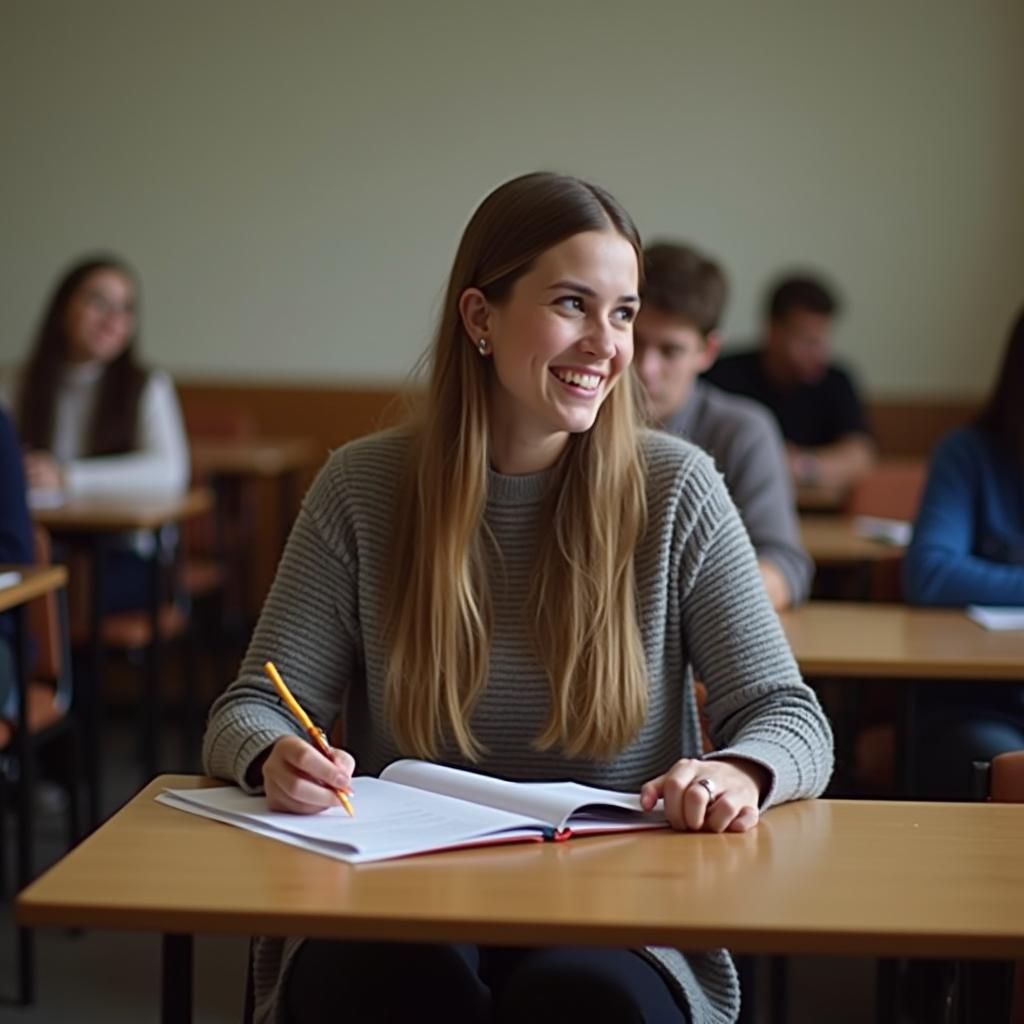 College Student Taking Final Exam in Classroom