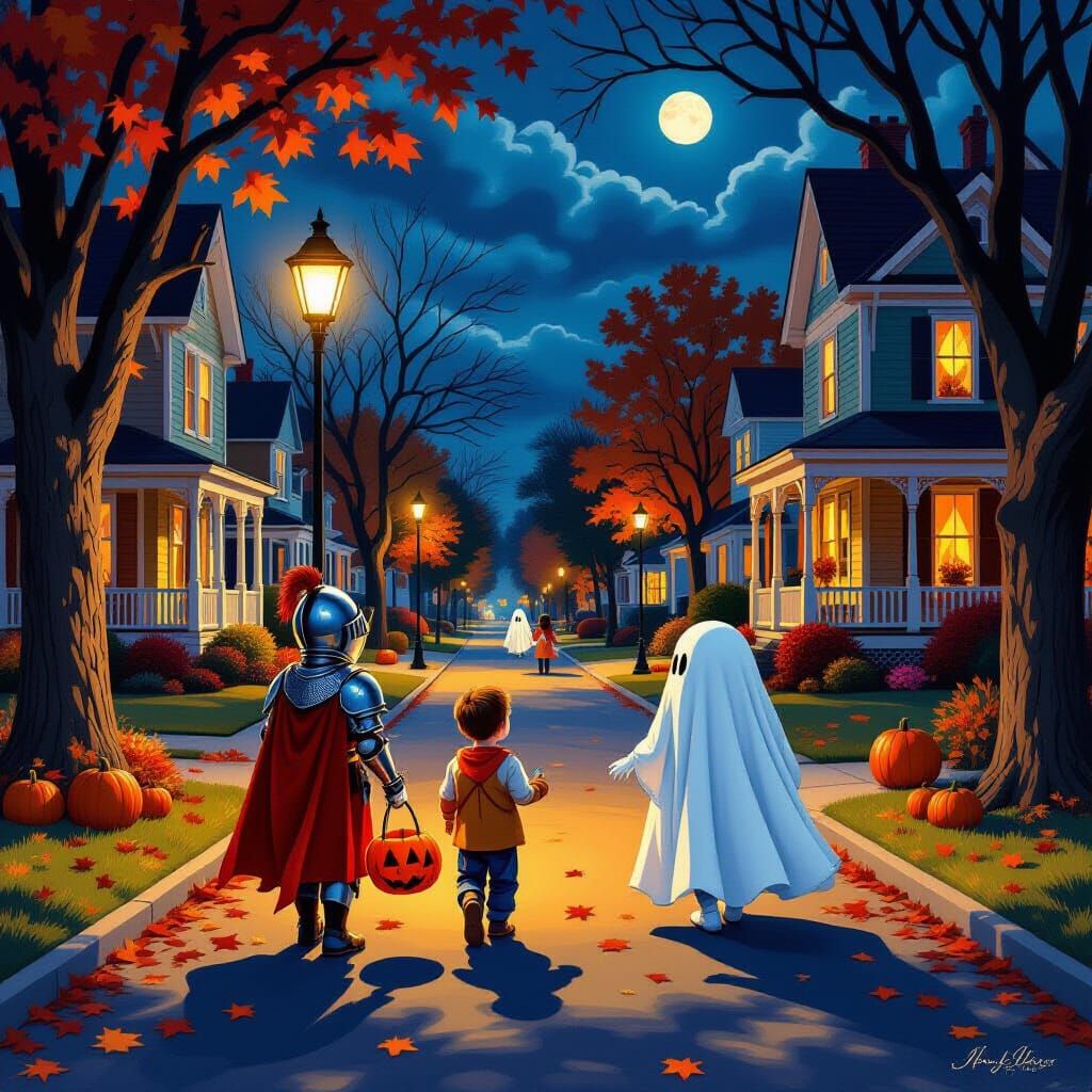 Vibrant Halloween Night with Costumed Children