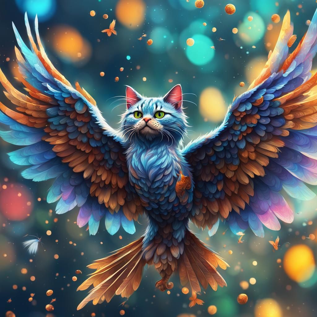 Hyperdetailed Cat-Bird Hybrid in Splash Art Style