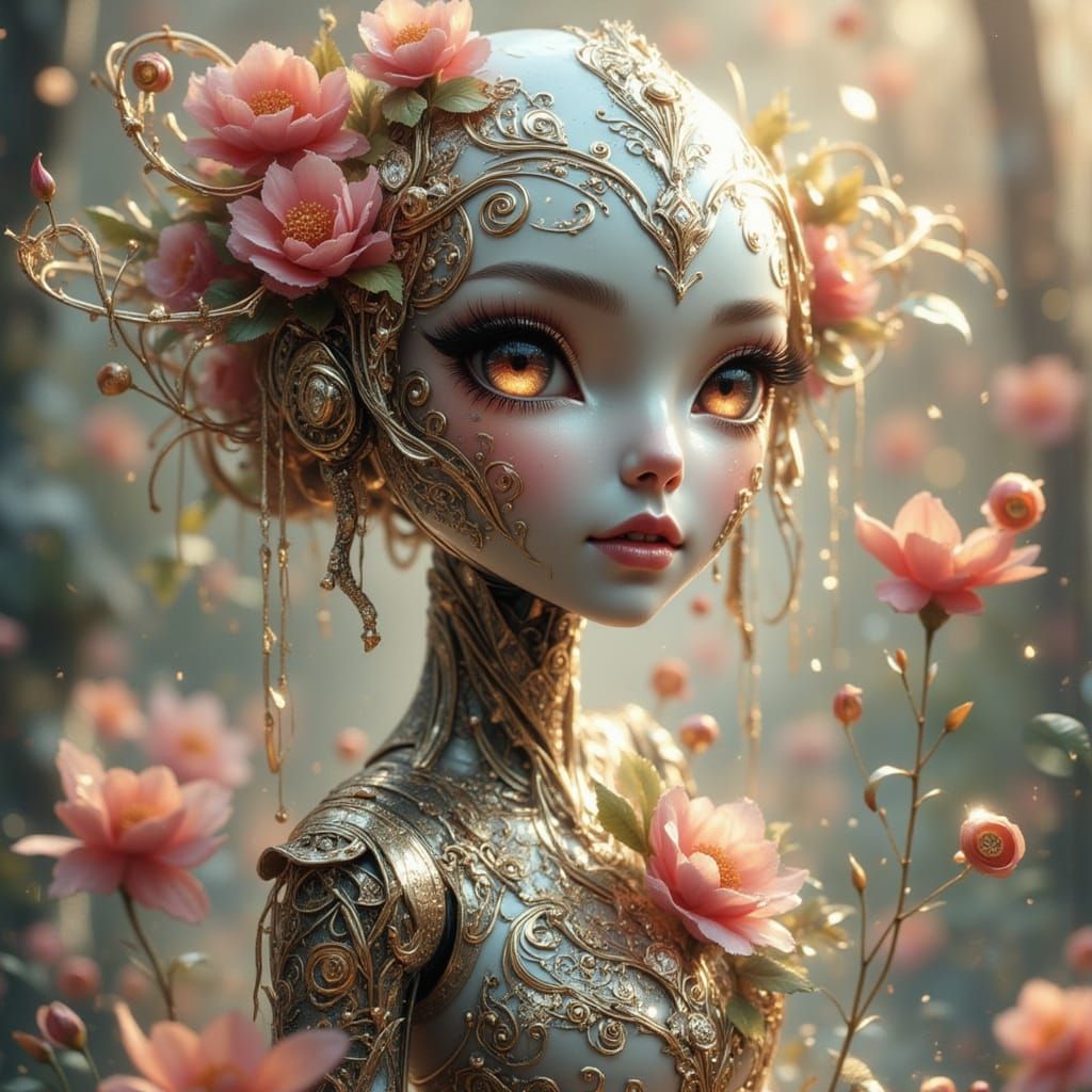 Nymph Cyborg Robot with Floral Metal Body