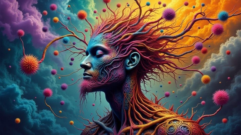 Biomechanical Android Portrait with Fractal Face in Pop Art