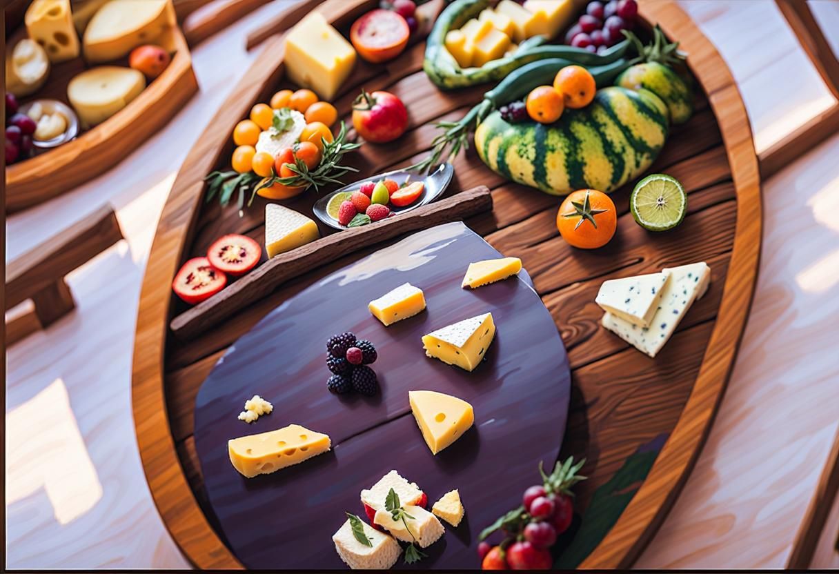 Colorful Still Life of Exotic Fruits and Cheeses