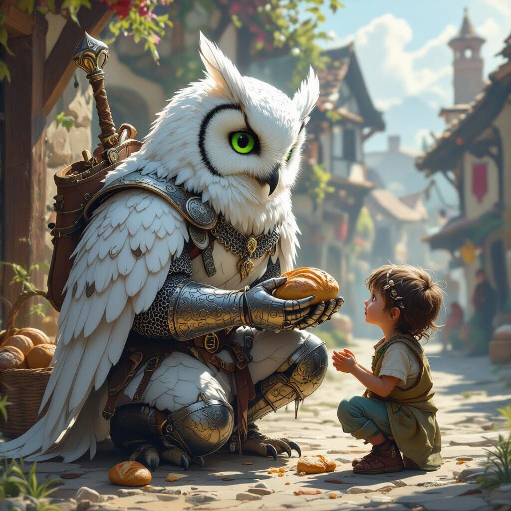 Owl Paladin Offers Bread in Dark Fantasy Art
