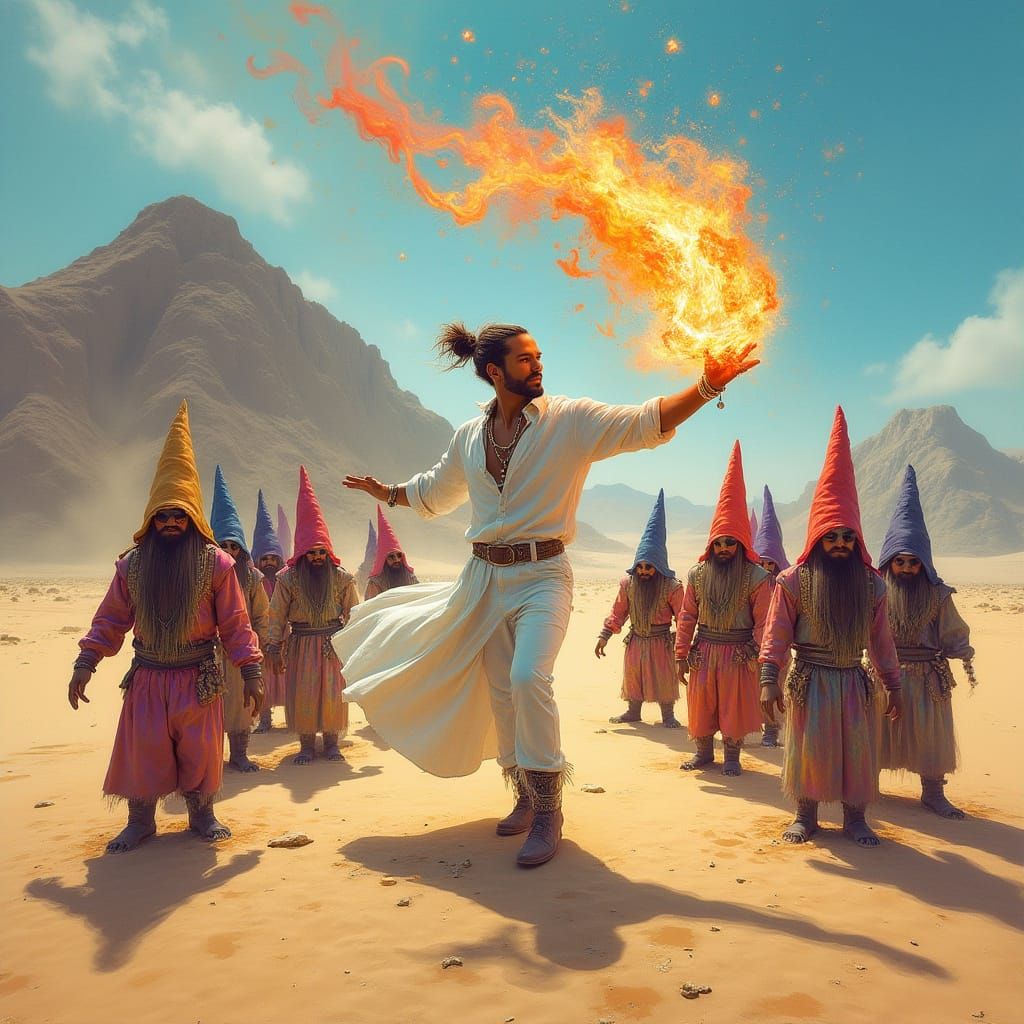 Fire Performer with Gnomes in Desert Graffiti Style