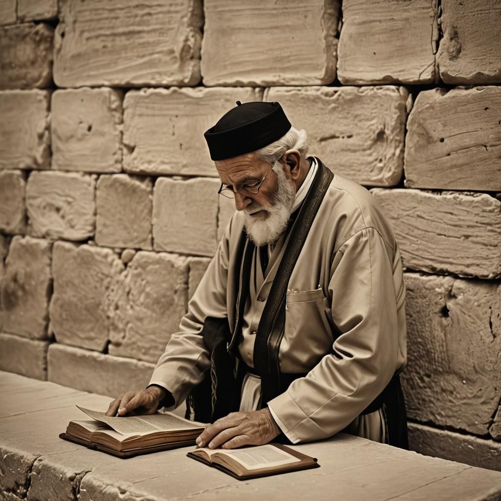 Jewish Man Praying at Western Wall: Sepia Photography