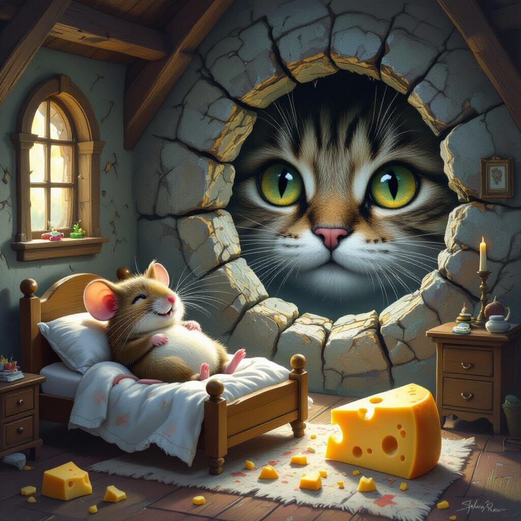 Happy Mouse with Cat Threat in Ethereal Fantasy Mist