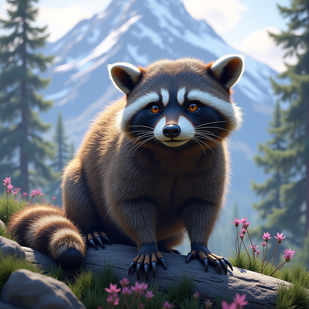 Realistic Raccoon Portrait in Mountain Landscape