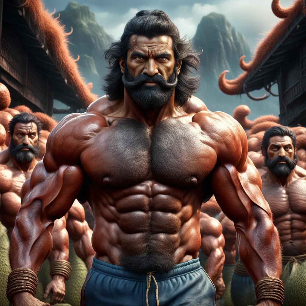 Hairy Asian Bodybuilder Helping Vegetables: Digital Matte Pa...