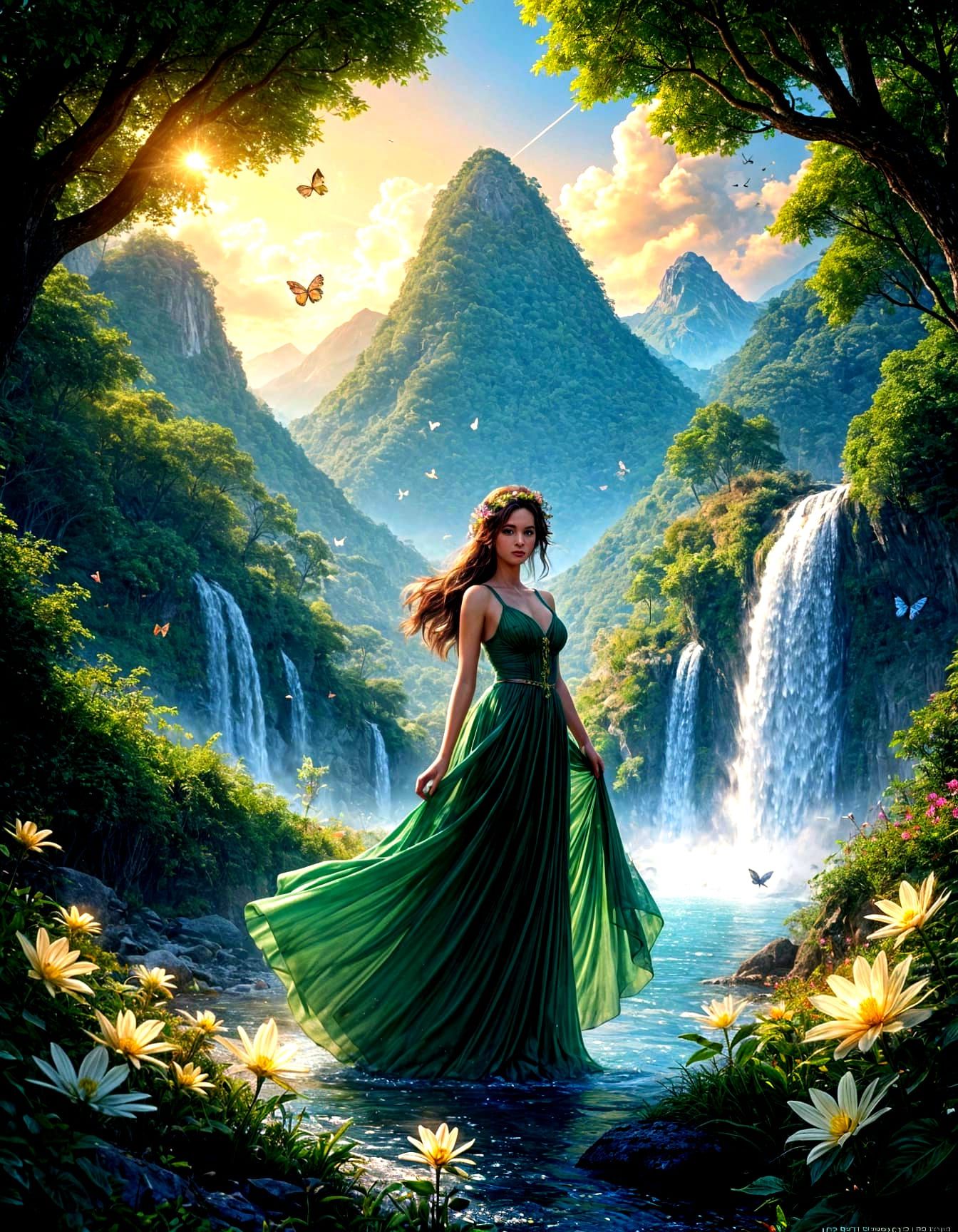 Beautiful Woman in Flowing Dress in Enchanting Nature