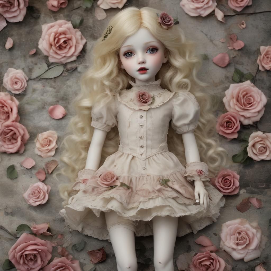 Sinister Porcelain Doll with Shattered Rose