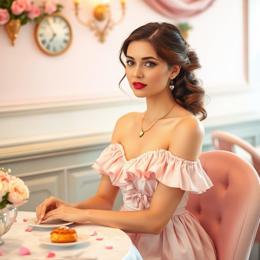 Elegant Woman at Pastel Cafe: Watercolor Illustration