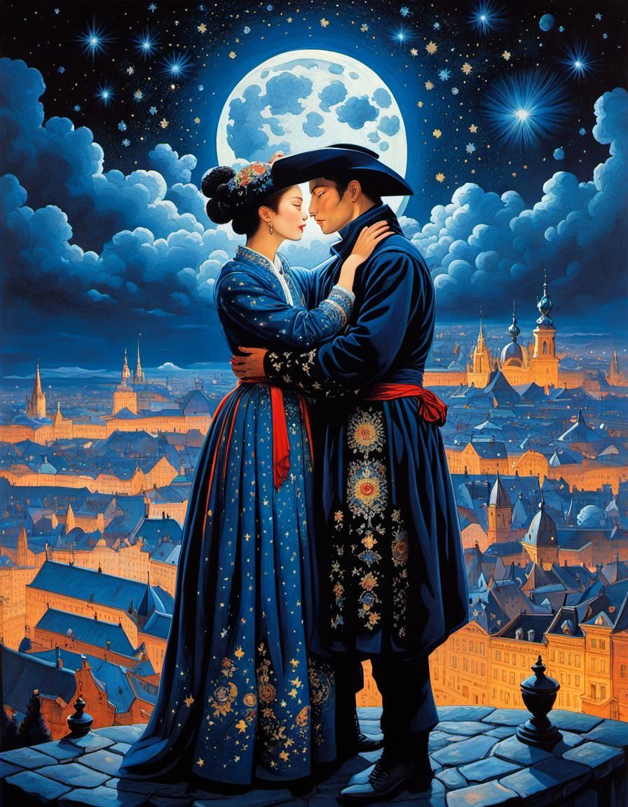 Lovers Embrace Under Starry Sky in Baroque Style
