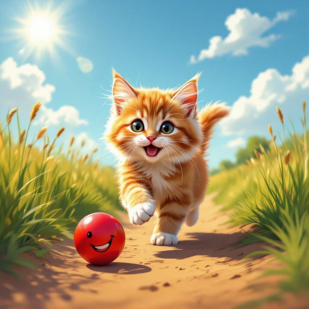 Happy Kitten Chasing Red Ball on Sunny Country Path