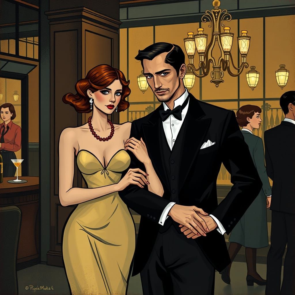 1920s Gigolo and Woman in Cubist Speakeasy
