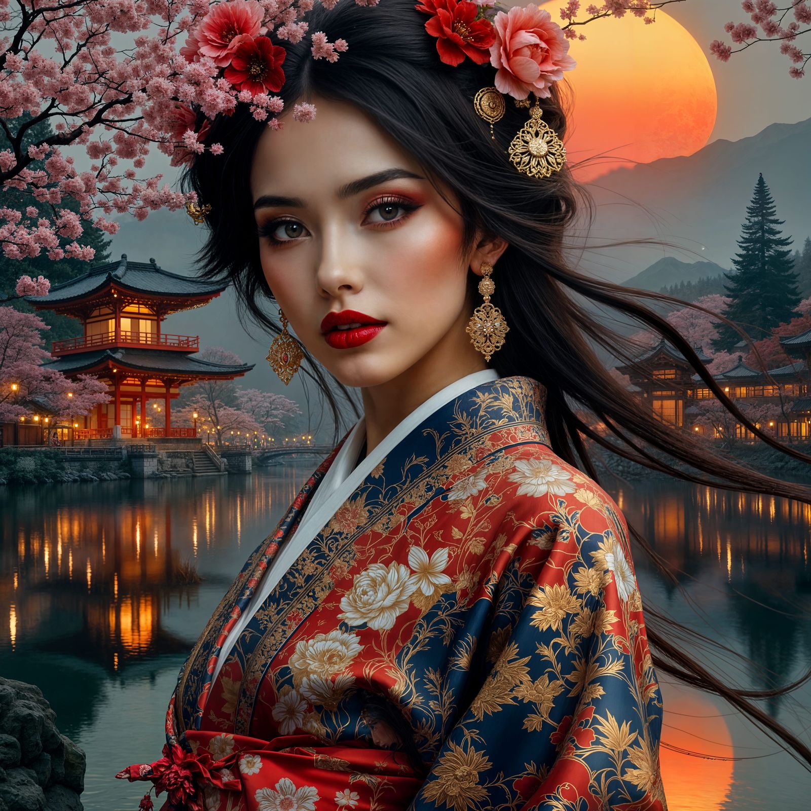 Mystical Geisha Under Crimson Moon with Cherry Blossoms