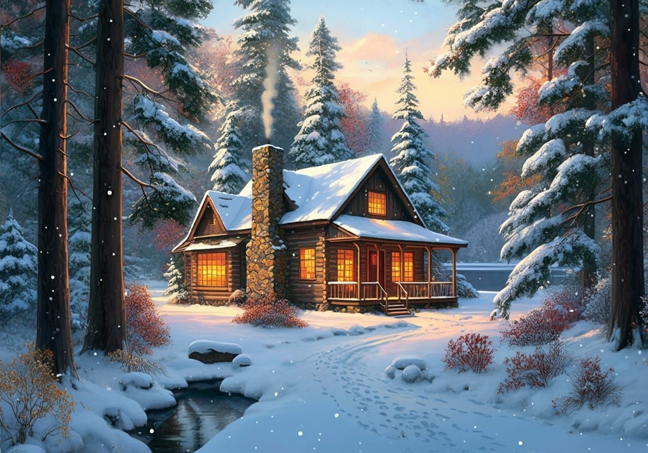 Cozy Winter Cabin in a Snowy Forest Glade