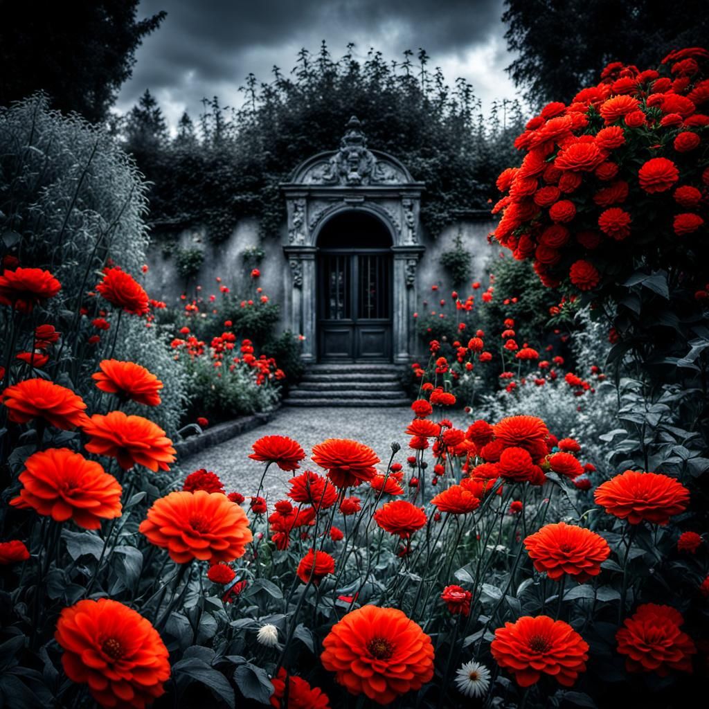 Hyperrealistic Garden with Red and Gray Flowers