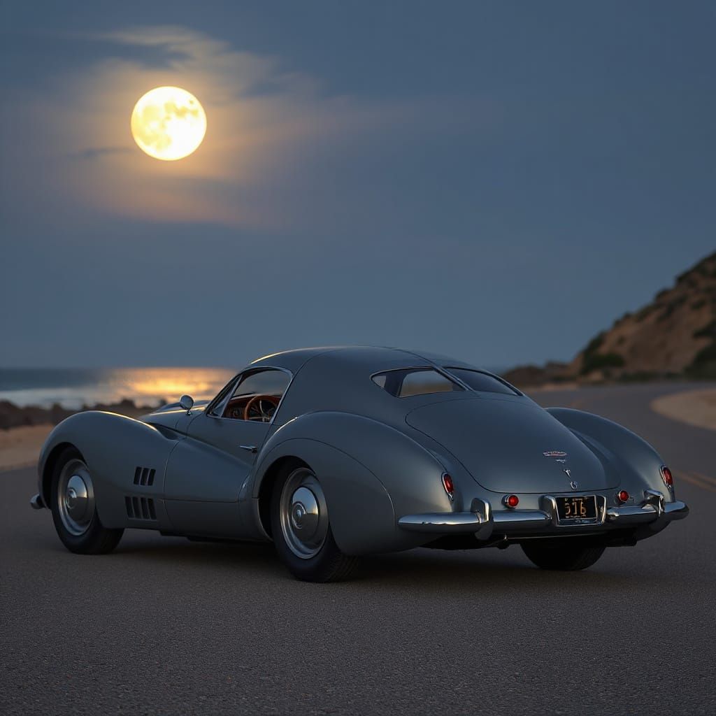 Bugatti on Moonlit Road in Art Deco Style