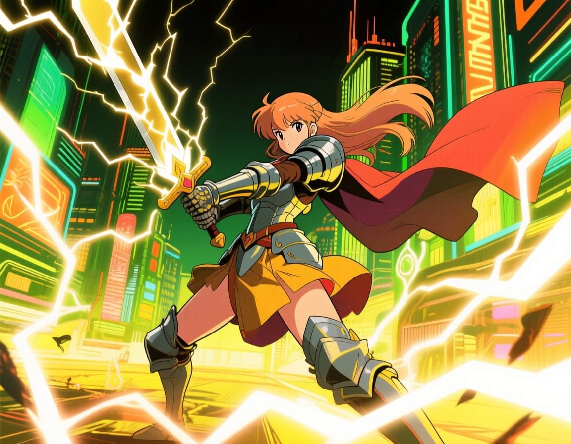 Science Fantasy Knight Girl With Lightning Sword In 80s Anim...