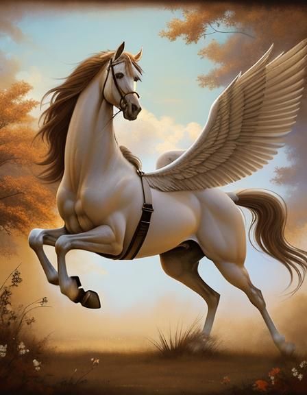 Painterly Pegasus in Ecru and Sepia Tones