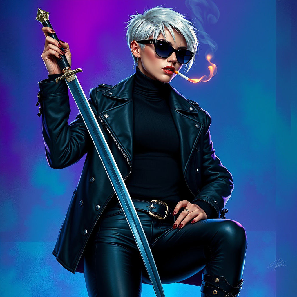 Androgynous Woman with Sword in Gritty Realism Style