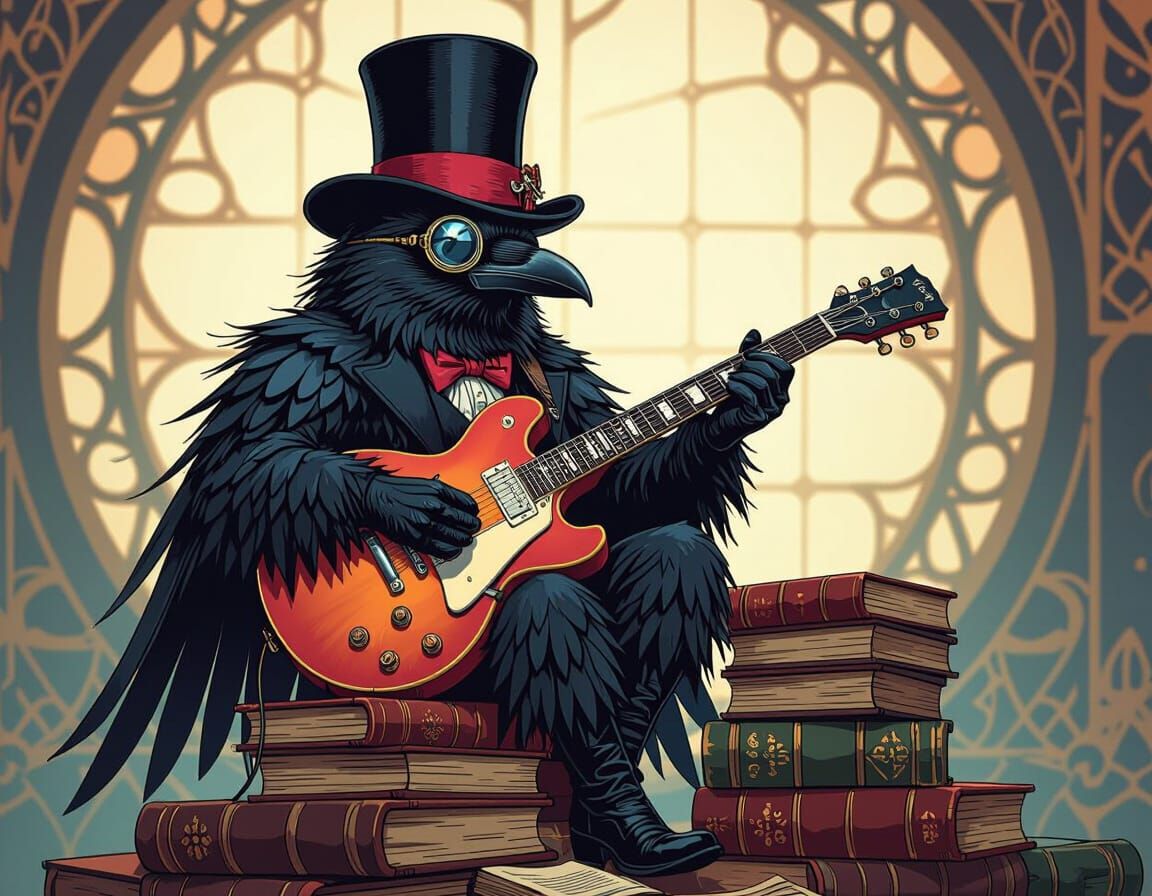 Raven Ewok Rockstar Plays Guitar on Books in Cyberpunk Art N...