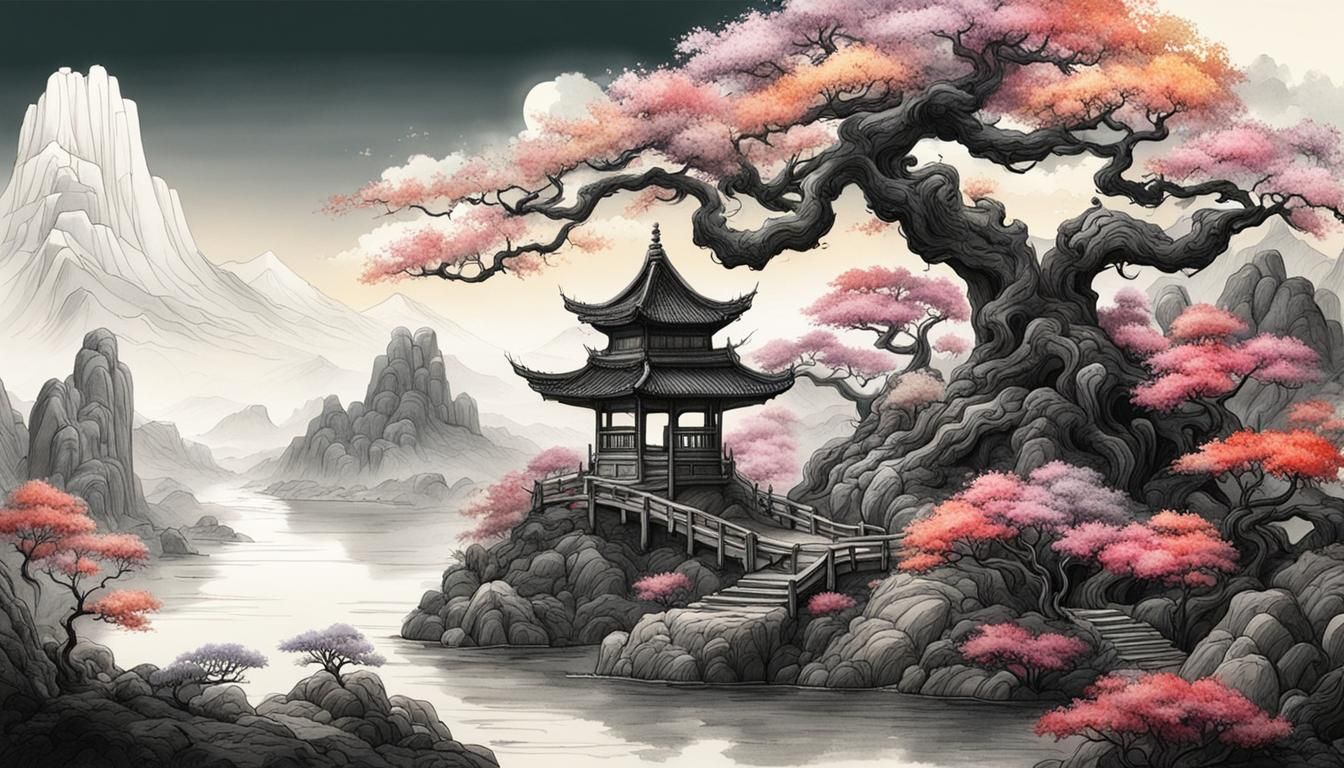 Fantasy Landscape with Bonsai in Oriental Ink Art