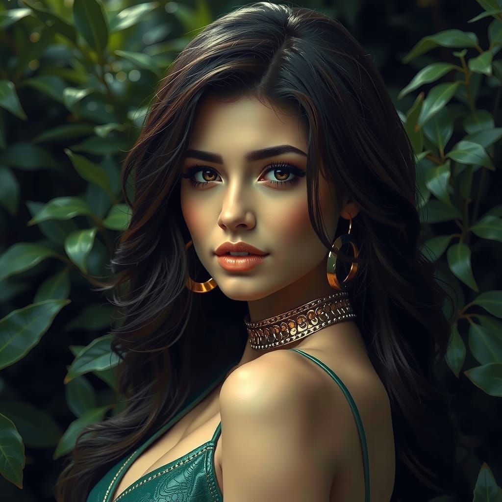 Stunning Woman in Green and Gold Leather