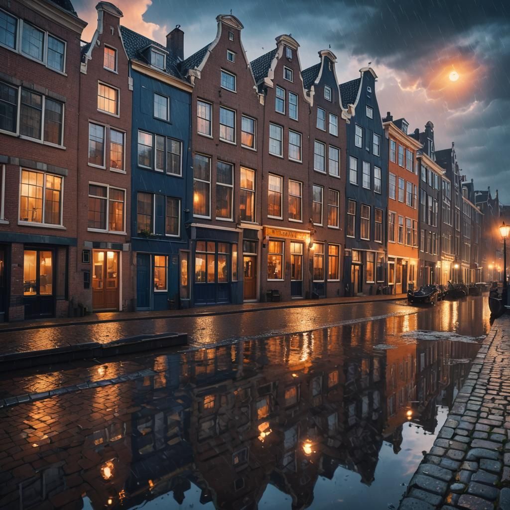Stormy Night: Dutch Houses at the Canal in Matte Painting St...