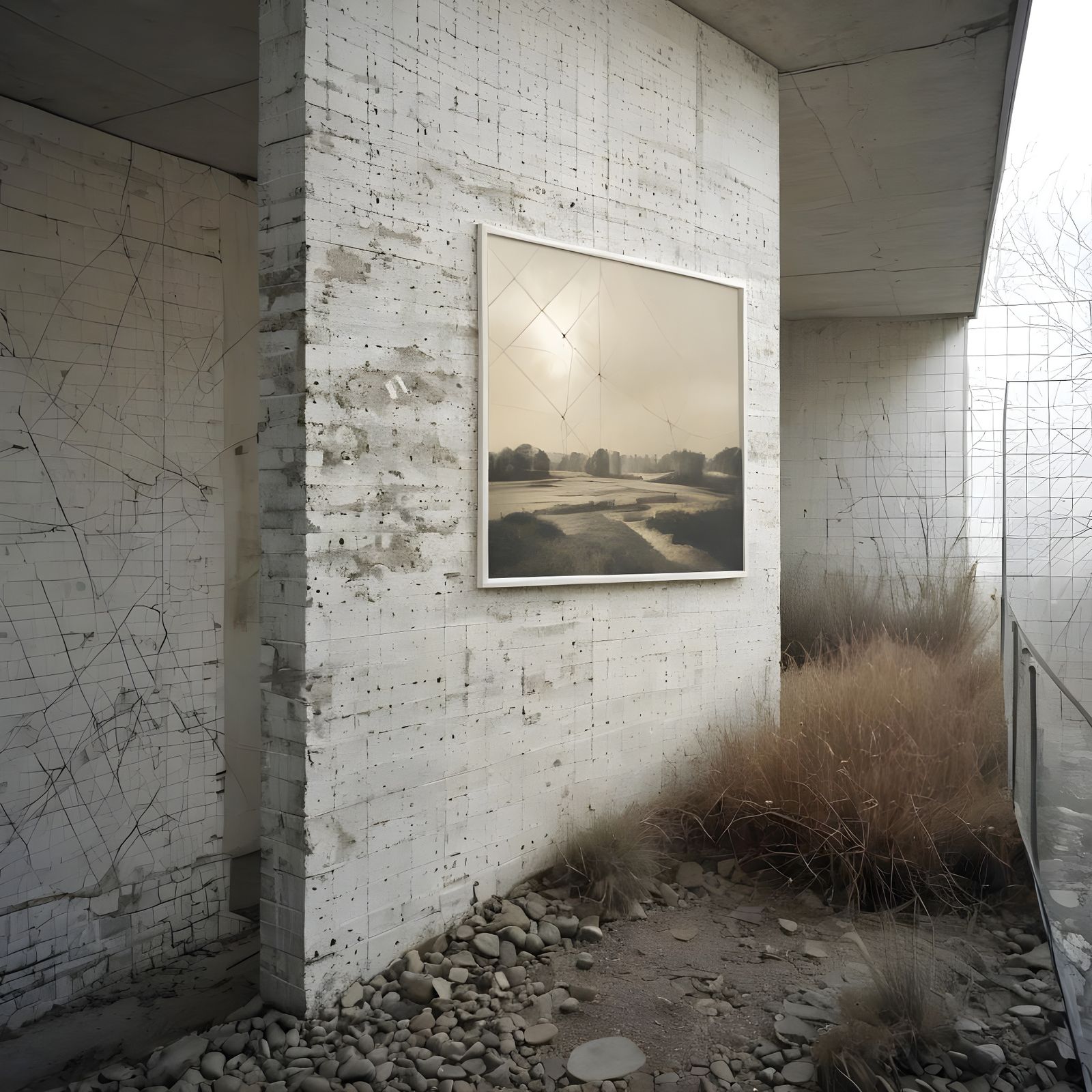 Abstract Landscape with Halftone Texture and Geometric Overl...