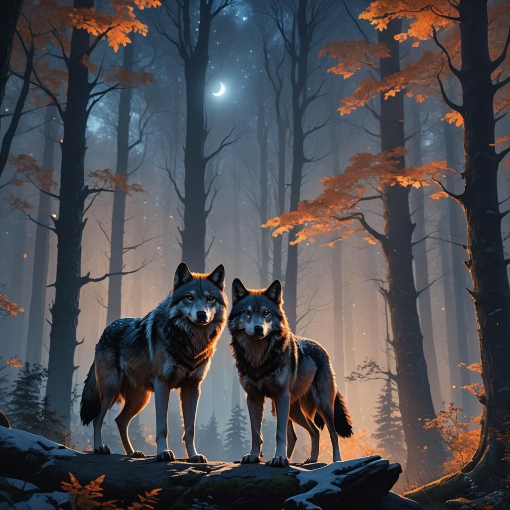 Wolves in Star-Lit Forest: Digital Matte Painting