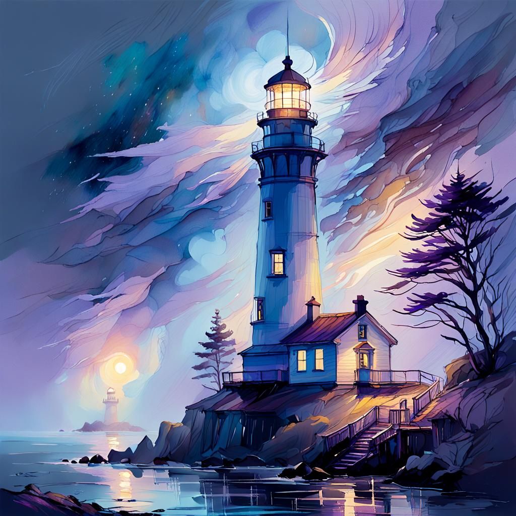 Lighthouse in Fog: Impressionist Digital Painting