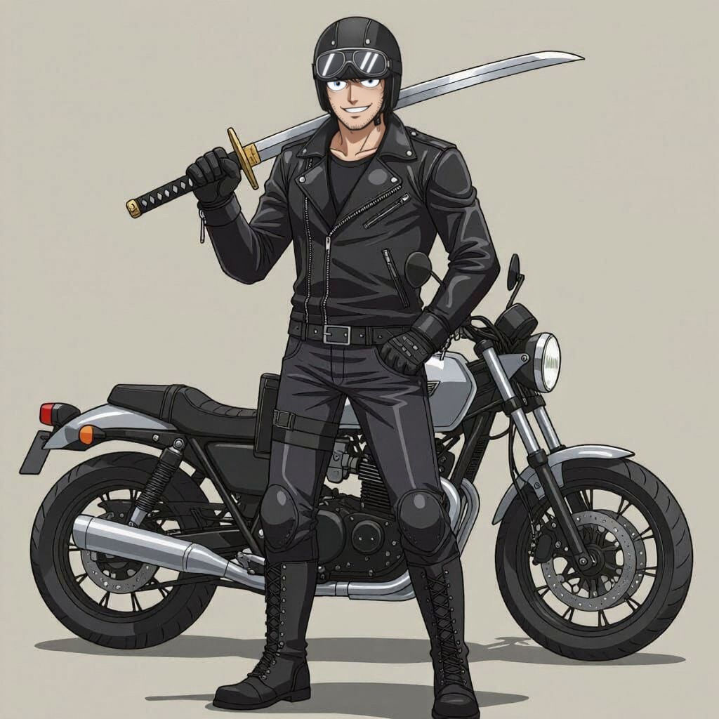 Anime Biker with Sword in Studio Trigger Style