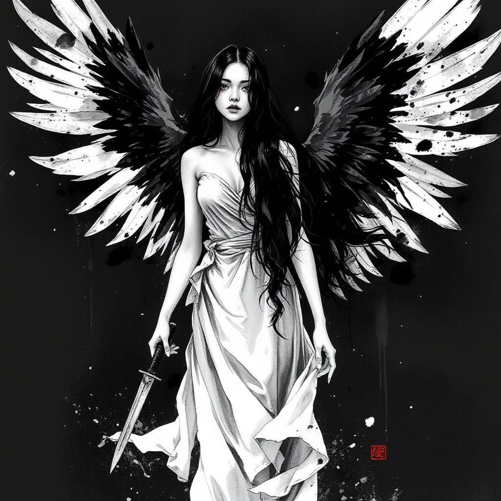 Ethereal Dark Angel with Tattered Wings